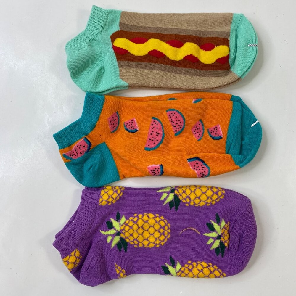 Unisex Food Print Novelty Ankle Socks 3-Pack Watermelon Pineapple Hot Dog